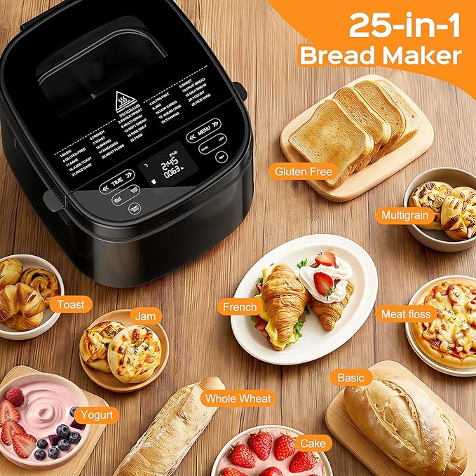 2.5LB Bread Maker with Built-in Electronic Scale, 25-in-1 Bread Machine, Beginner-Friendly with Adjustable Baking & Fermentation, Non-Stick Easy-Clean Pan, Quiet, 15H Delay, Recipes, Black