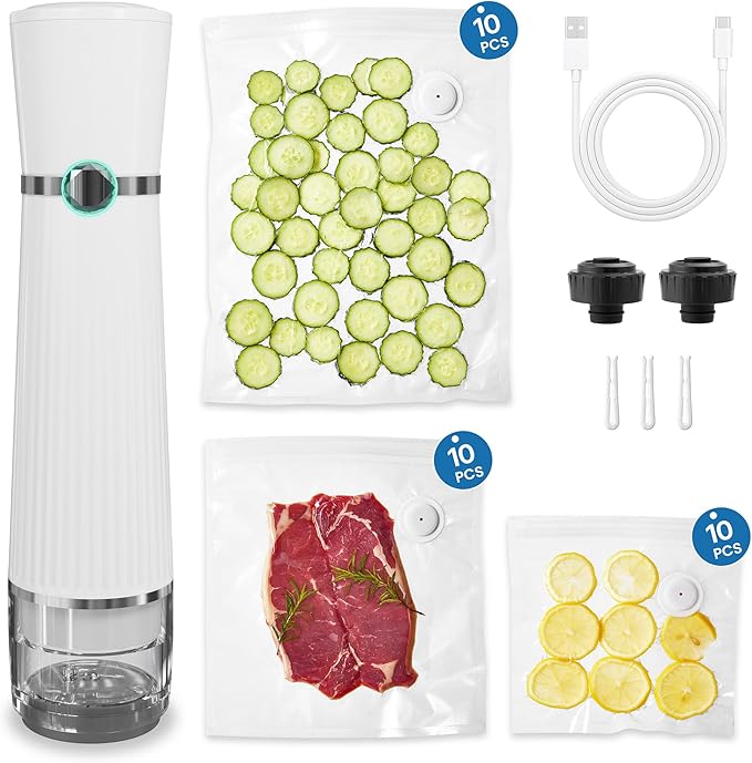 Vacuum Sealer for Food with 30 Reusable Vacuum Bags, Automatic Pressure Detection, Handheld Vacuum Sealer, Portable & Compact, White