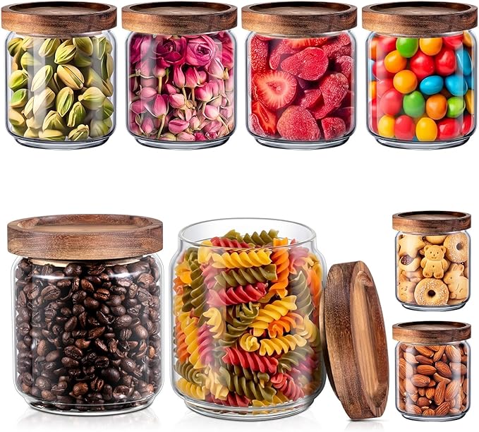 Irenare 8 Pack Glass Containers Canister Set, 17 oz Food Storage Spice Jars with Airtight Lids, Clear Kitchen Containers for Coffee Sugar Tea Beans Nuts Candy Pantry Organization (Wood)