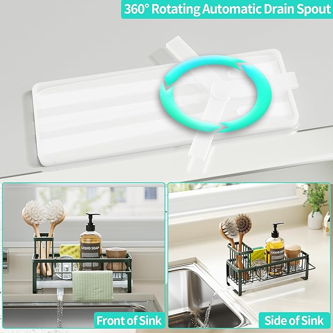 HapiRm Sponge Holder for Kitchen Sink - Self-draining Sink Caddy with Brush and Dishcloth Holders, Stainless Steel Kitchen Organizer for Countertop - Green