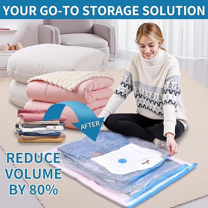 Travel Vacuum Storage Bags with hand Pump,15 Pack Compression Bags for Clothes, Space Saver for Luggage & Carry-on Suitcase, Leak-Proof