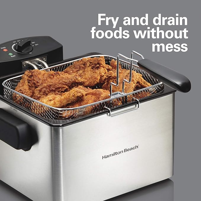 Hamilton Beach 35042 Professional Style Electric Deep Fryer, Frying Basket with Hooks, 1800 Watts, 5 Liter, Stainless Steel