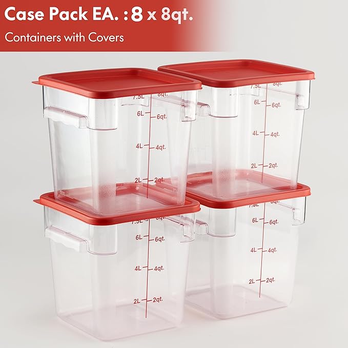 CURTA 8-Pack 8 Qt NSF Clear Polycarbonate Food Storage Containers with Red Lids - Square, Commercial-Grade, Freezer & Dishwasher Safe, Stackable