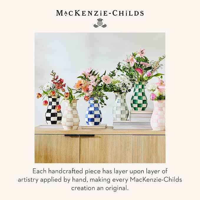 MACKENZIE-CHILDS Tall Enamel Checkered Vase, Unique Flower Vase, Brown-and-White Mocha Check, Steel, 6" L x 6" W x 12" H