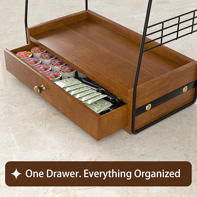 Coffee Bar Station Organizer with Built-In Drawer, 2-Tier Countertop Shelf for Tea Bags, Coffee Accessories, Syrup Bottles (Walnut)