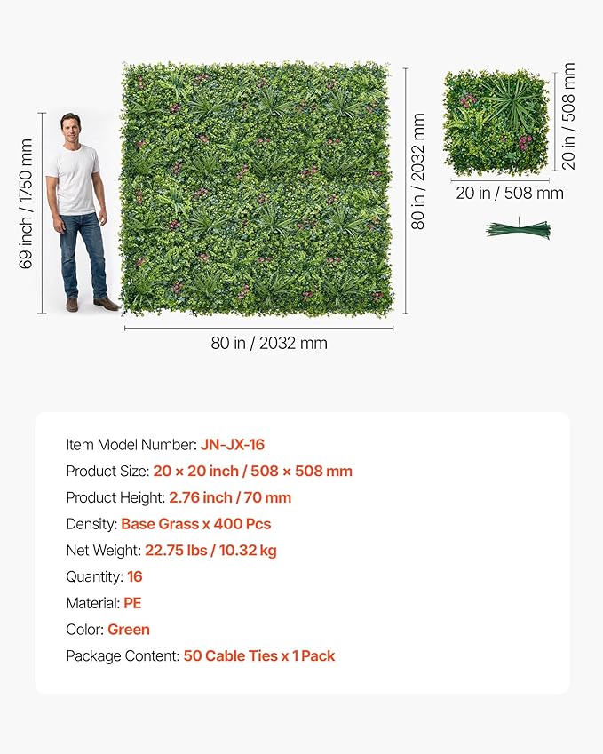 VEVOR Artificial Plant Wall, 16PCS 20 x 20 in Artificial Boxwood Panels, Greenery Backdrop Privacy Hedge Fence with Sun Protection, Fake Grass Wall Screen for Wedding, Indoor, Outdoor GardenMixed Leaf