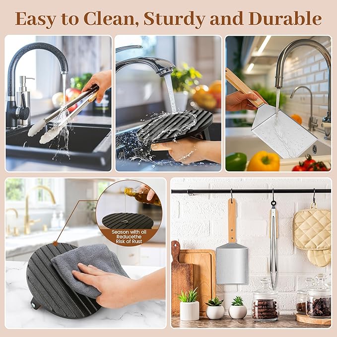 Smash Hamburger Press Kit,Around Burger Press,Hamburger Spatula and Stainless Steel Tongs with Wooden Handle,Heavy-Duty Cast Iron Grill Press for Bacon, Hamburgers, Eggs, Sandwiches,Steak