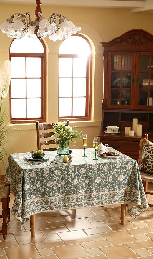 ISAENNE Designer Grayish Green Linen Rectangular Tablecloth,Floral Stain Resistant Table Cloth,Fall Vintage Decor Tablecloths for Dining Thanksgiving Kitchen Party,55"*79"-Andrew A