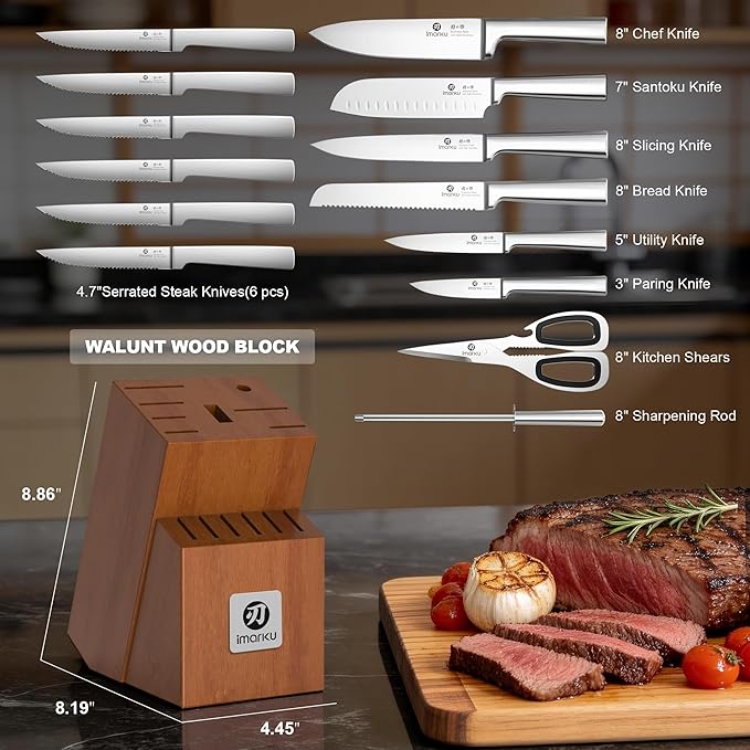 imarku 15-Piece Knife Block Set Built-in Sharpener, Japanese High Carbon Stainless Steel Kitchen Knife Set, Dishwasher Safe, Chef Knife Set with Wooden Knife Block, Steak Knives for Kitchen Cooking
