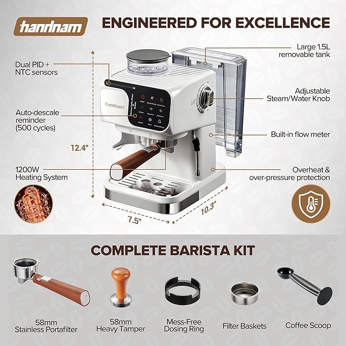Espresso Machine with Grinder, 20 Bar Professional Espresso Maker with Built-in Burr Grinder, PID Temperature Control, Steam Wand, 58mm Portafilter, 25 Grind Settings, All-in-One Coffee Machine