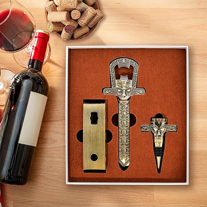 Professional Wine Opener Set for Old & Fragile Corks - 3-in-1 Cork Extractor Removes Older Wine Corks Whole & Intact, Beer Bottle Opener with Elegant Zinc Alloy Base & Stopper Set (Antique Copper)