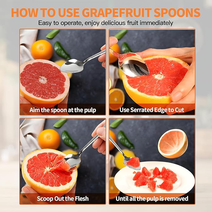 Grapefruit Spoon & Knife Set,Stainless Steel Grapefruit Spoon Utensil With Serrated Edge,Silver Kitchen Tool,Multi-Use for Citrus, Kiwi,Dessert, Avocado & More (3 PCS)