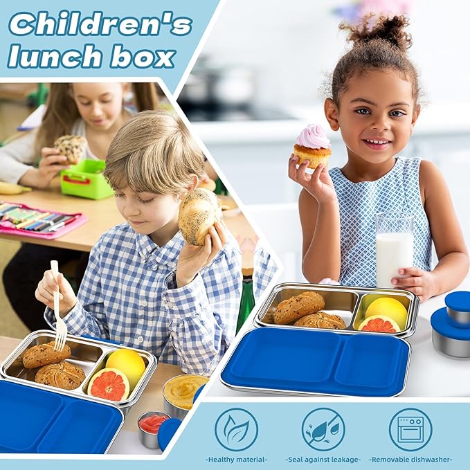 Bento-Style Stainless Steel Lunch Box -2 Compartment Stainless Steel Lunch Box - 2 Containers for Kids & Adults Dishwasher Safe Steel Lunch Boxes for kids