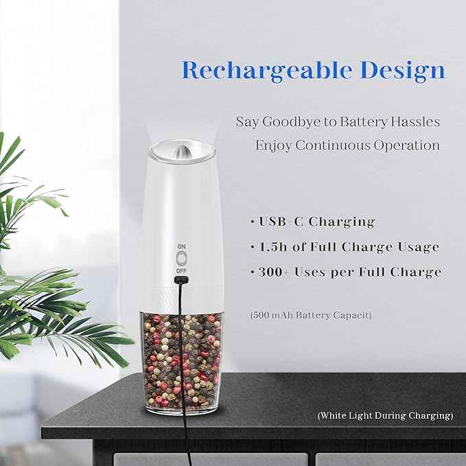Rechargeable Salt And Pepper Grinder Set, Gravity Electric Salt And Pepper Grinder Set Electric, Salt And Pepper Shakers Set Electric, Adjustable Coarseness, LED Light, (Black+White)