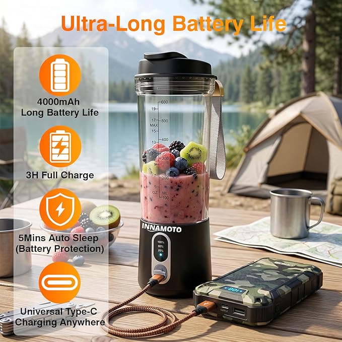Cordless Portable Personal Size Blender - 20oz Mini Blender for Smoothies and Shakes, BAP Free Juice Cup With Leak-proof Travel Lid, Type-C Rechargeable Freshly Squeezed in Picnic/Office/Gym