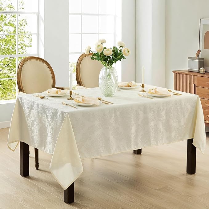 Newbridge Barcelona Luxury Damask Fabric Tablecloth, 70” Extra Wide x 108” Rectangle, Antique White, 100% Polyester, No Iron, Soil Resistant Dining Room, Party and Banquet Table Cover