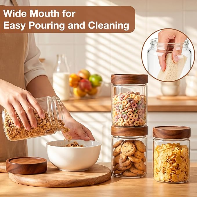 CONNOO 28oz Glass Storage Jars with Wood Lids (6-Pack) – Includes 120 Pre-Printed Waterproof White Kitchen Labels – Airtight Pantry Containers for Rolled Oats, Pasta & Cereals