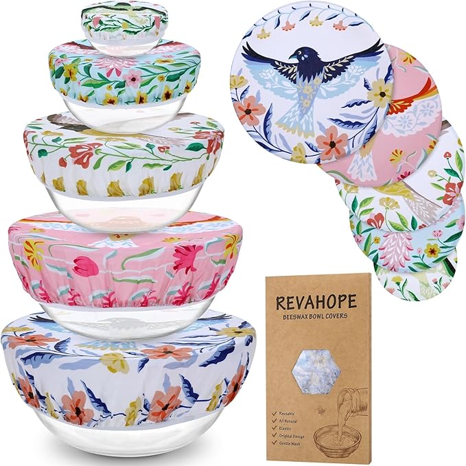 5-Size Reusable Beeswax Bowl Covers for Bread Proofing, Cotton Cloth Flexible Beeswax Wraps for Food Storage(Floral Bird)