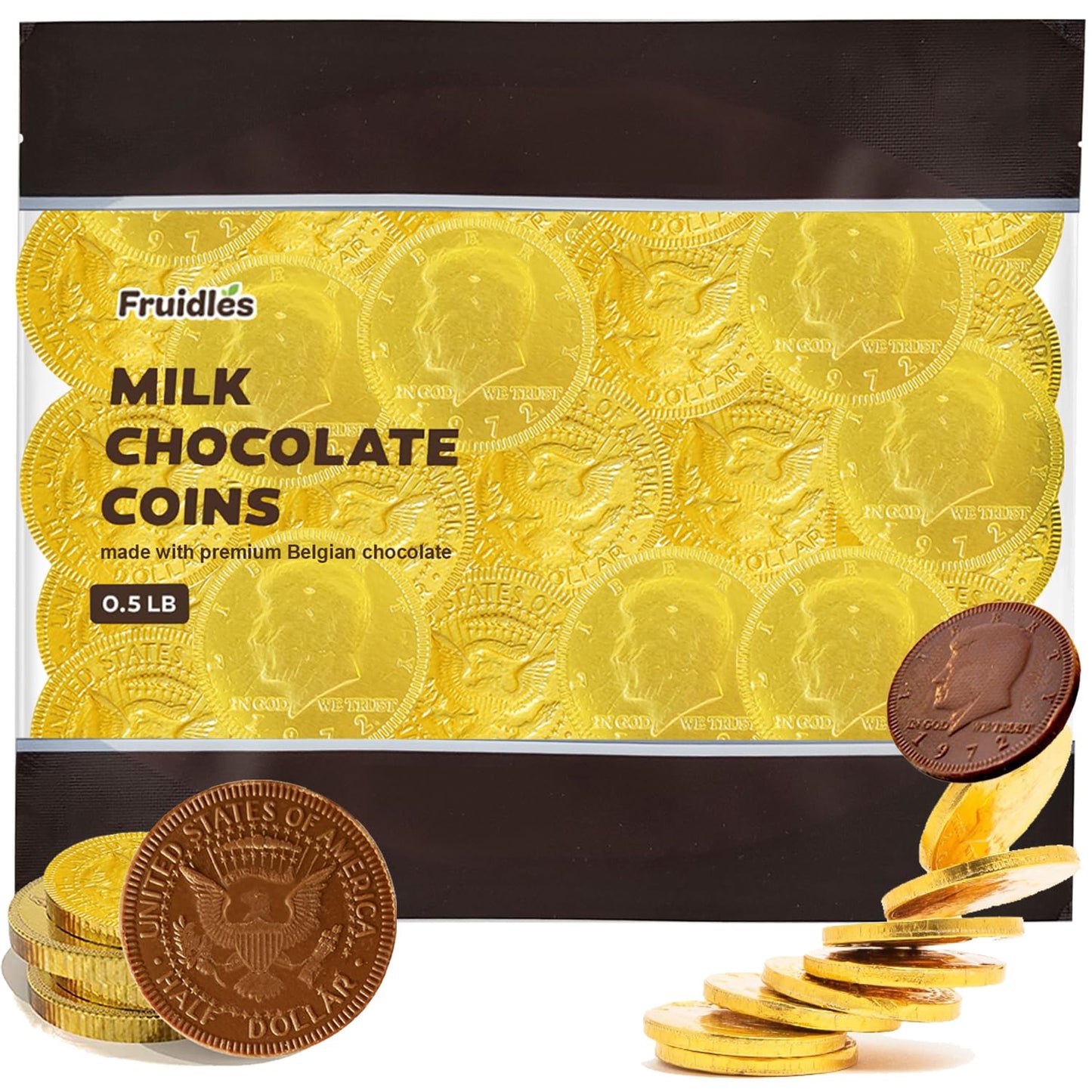 Milk Chocolate Coins, Gold Half-Dollar Chocolate Coins, Made with Premium Belgian