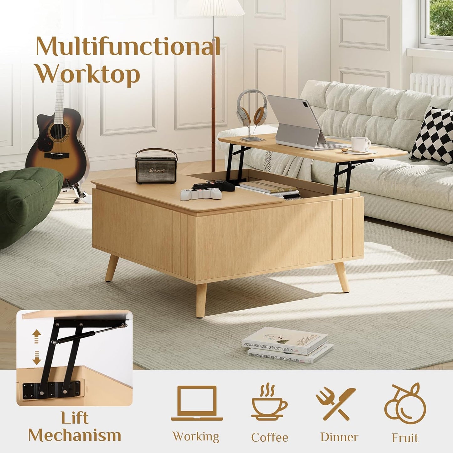 Lift Top Coffee Table, Mid Century Modern Center Table with Large Hidden Storage Compartment, 36" Square Coffee Tables for Living Room, Home Office, Oak