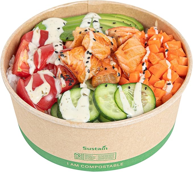 Restaurantware Compostable Paper Food Containers 200 Pack Of 37 oz BPI-Certified Round Kraft Salad Bowls Disposable Grease-Resistant Meal Prep Take Out Containers For Ice Creams, Soups, Snacks