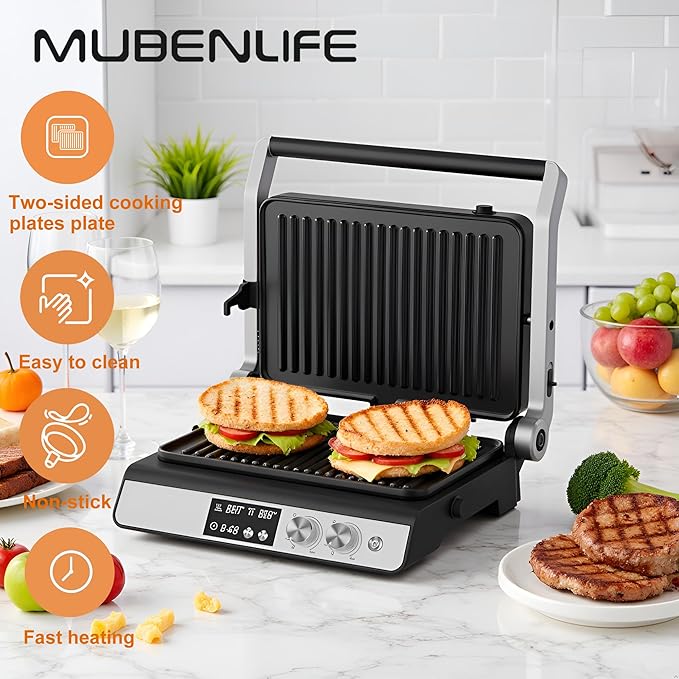 Panini Press,4 Slices Contact Grill with Removable Non-Stick Coated Grill and Flat Plates,Panini Makers with Temperature Control and Timer,Open 180 Degrees,Grill and Griddle (Silver with digital)