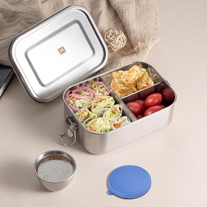 GOLDEN KEY 27oz / 0.8L Bento Box for Kids,18/8 Stainless Steel Lunch Box for Kids with Leakproof Condiment Container,3 Compartment Bento Box for School and Eating Out,Freezer & Dishwasher Safe(Blue)