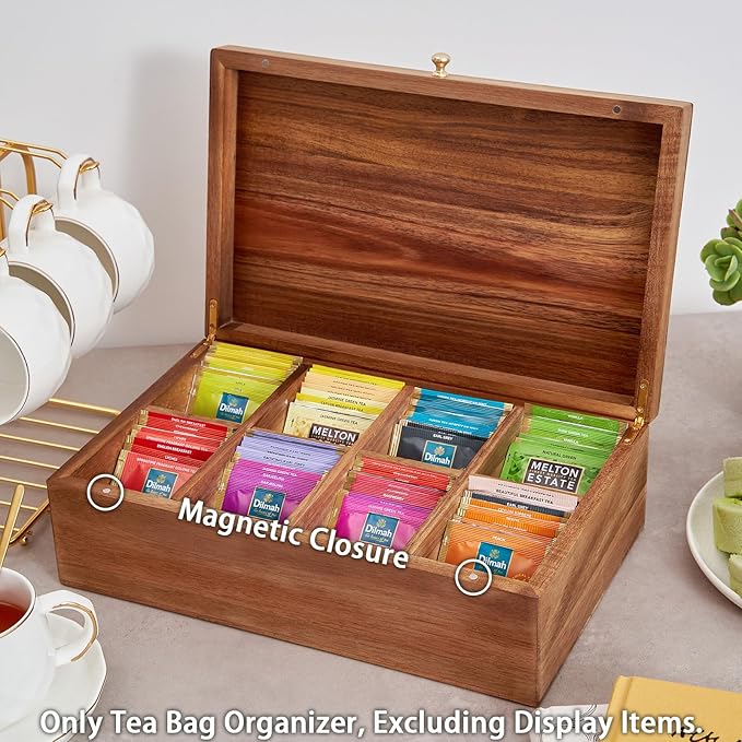 SARUFO Acacia Wood Tea Bag Organizers, Tea Packet Storage Boxes, 8-Compartment Tea Caddy for Tea Bags Chest, Teabag Holder Containers, Teabox Station Display