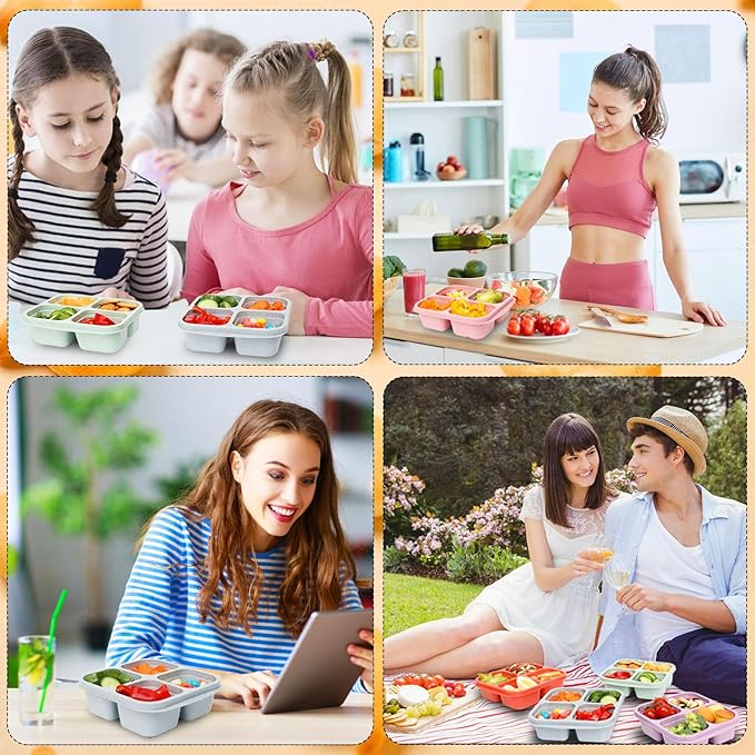 6 Pack Snack Containers, 4 Compartment Snack Box Containers Bento Box, Reusable Meal Prep Lunch Containers for Adults Kids Toddler, Divided Food Containers for Travel Work School
