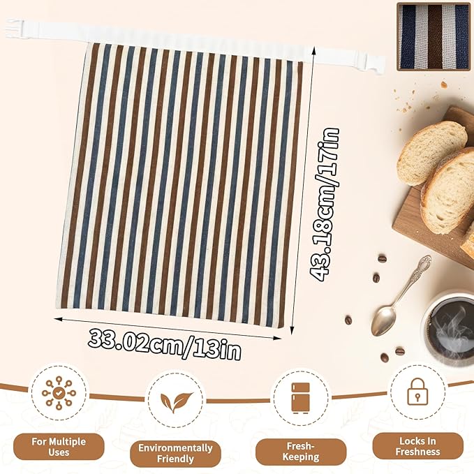 Reusable Beeswax Bread Bags-17"x13" Large Bread Bags for Sourdough & Homemade Cloth BreadBags Keeps Fresh Longer 2Pack (Vertical stripe pattern) | Stripe Pattern, Beeswax keep fresh, Large Size, Zipper, Snap-on