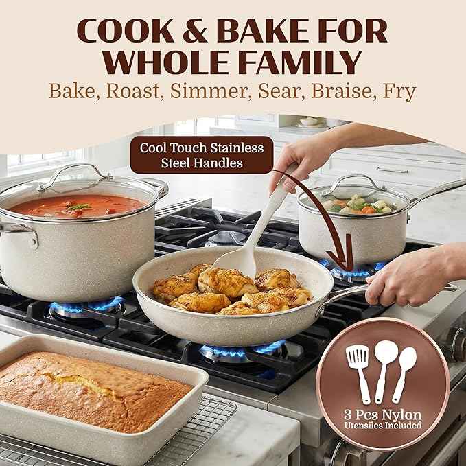 Granitestone Ceraluxe 20 Pc Nonstick Ceramic Cookware Set, Diamond Infused Pots and Pans Set with Bakeware, Utensils & Steamer, Non Toxic Kitchen Cookware PFOA PFOS Free, Oven & Dishwasher Safe
