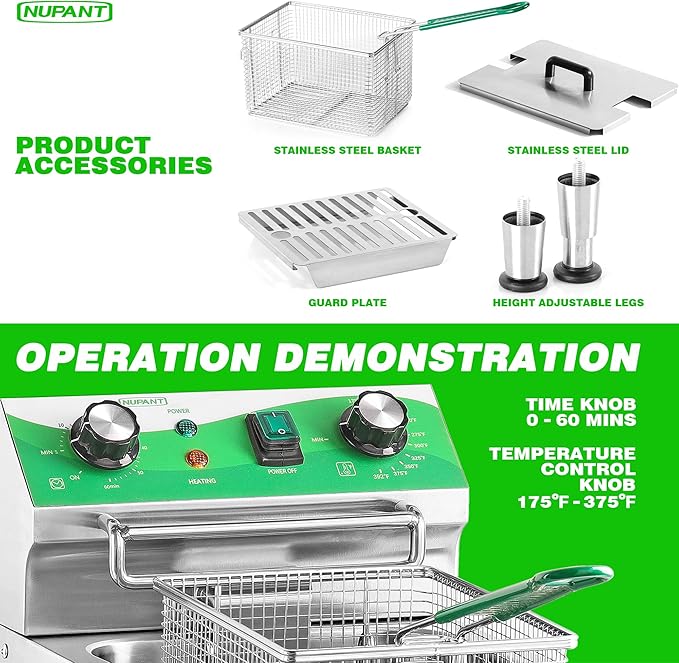NUPANT 24L/25.4QT Commercial Deep Fryer with 2 Baskets and Lids, 110V Electric Fryer with Oil Filtration and Timer, Stainless Steel Large Double Tank Fryer Countertop Deep Fryer for Restaurant 3500W