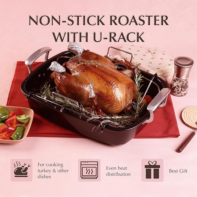 Uukrave Turkey Roasting Pan with Rack (U-Shaped), Extra Large 18.5 x 14.6 Inch Nonstick Roaster Pan for 25 lb Turkey or Chicken, Deep Oven Tray with Wide Handles, Heavy Duty Steel, Nontoxic
