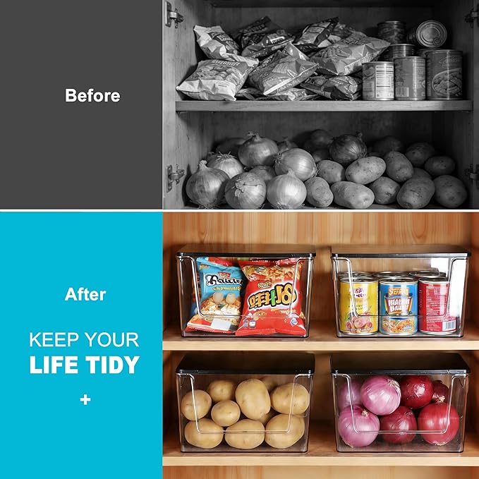 Pantry Organizers Storage, Under Sink Organizer Trash Bag Holder with Bamboo Lids Large Capacity Clear Storage Bins for Onion, Potato, Garlic, Canned Food Kitchen Countertop Organizer (Black lid)