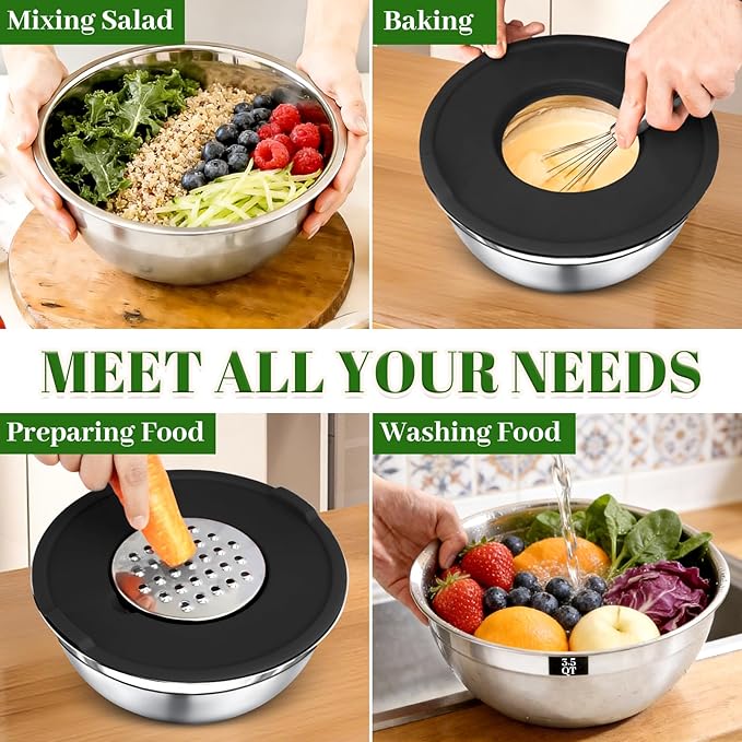 8PCS Mixing Bowls with Lids Set - 5 Nesting Mixing Bowls, 3 Grater Attachments, Lids, Stainless Steel Mixing Bowls for Mixing & Serving, Size 1.5/2.1/3.5/4/4.5 QT, Black
