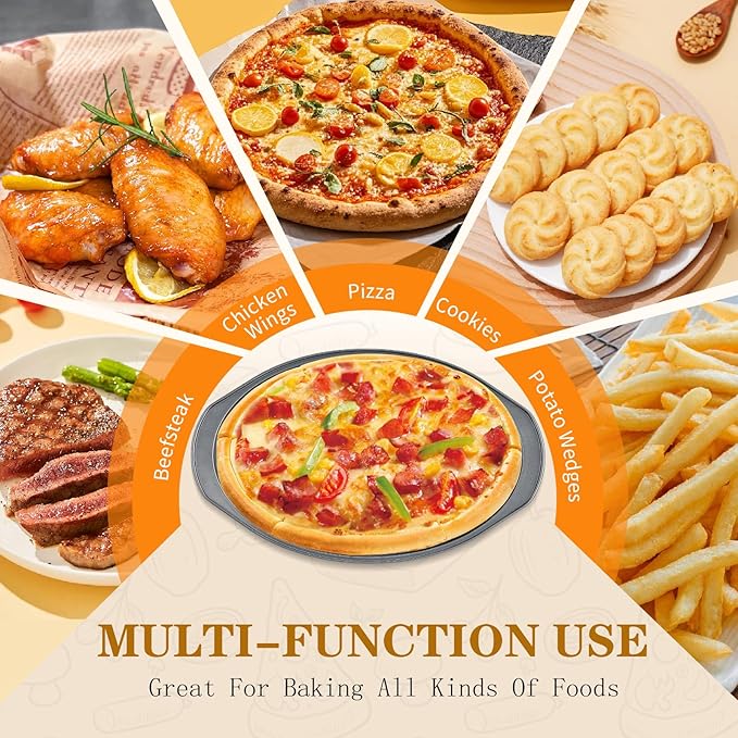 Bestdin 5Pcs Pizza Pan Set - 12 inch Pizza Pan with Holes, Non-stick, Pizza Oven Accessories with 2 Carbon Steel Round Pans, Pizza Cutter and 2 Gloves, Dishwasher Safe