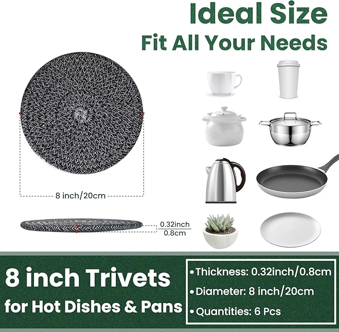 8 Inch Trivets for Hot Dishes, Hot Pots and Pans, Thick Heat Resistant Large Coaster for Kitchen, Hot Pads, Kitchen Essentials, Kitchen Decor for Table & Countertop, 6 Pcs