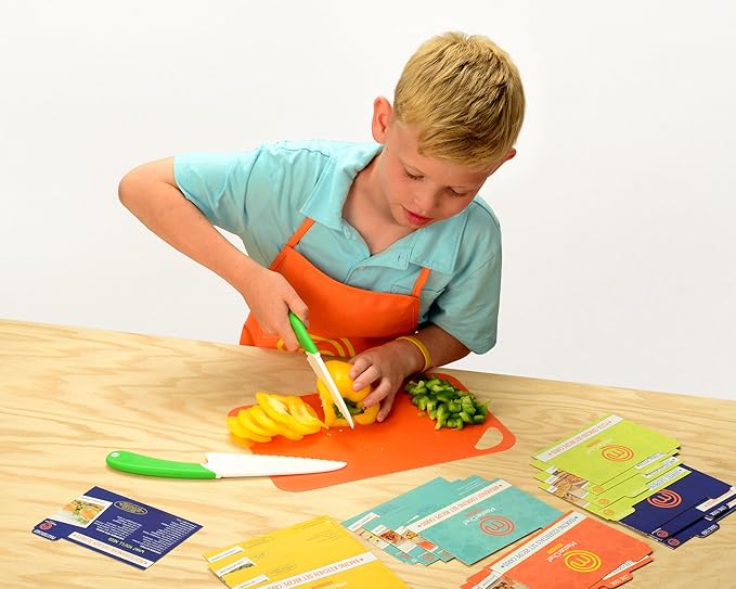 MasterChef Junior Kids Knife & Cutting Board Set- Includes Real Cutting Tools and 15 Cooking Baking Recipes- Silicone Non Slip Grip for Easy Use & Food Safe for Children- Party Activity Supplies Gift