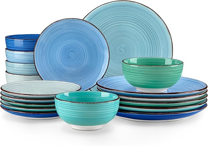 vancasso Bonita Plates and Bowls Sets 18 Pieces Blue Stoneware Service for 6, Modern Round Dinnerware Sets, Hand-Painted Spiral Dishes Set-Microwave and Dishwasher Safe (Blue,18 Pcs)