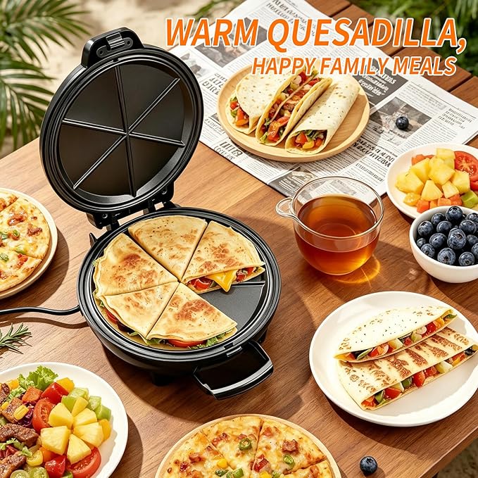 Electric Quesadilla Maker, 9.5'' Quesadilla Press with Extra Stuffing Latch, Easy Slice 6 Wedge, Grilled Cheese Corn Flour Tortilla Snacks, Nonstick Plates, Easy to Clean, Non-Slip Feet, Black