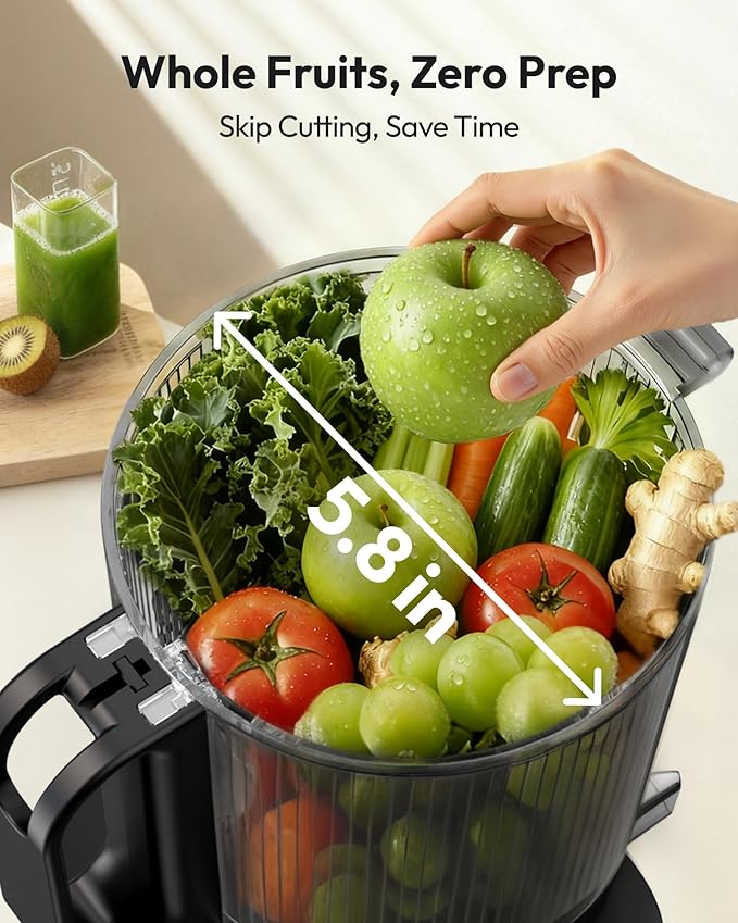 Juicer Machines, EUHOMY 5.8" Wide Feed Chute Cold Press Juicer for Whole Vegetables & Fruits with 400W, High Juice Yield, Easy to clean, Black Stainless Steel