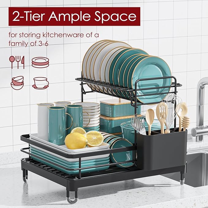 Sakugi Dish Drying Rack - X-Large Stainless Steel Dish Rack for Kitchen Counter, 2-Tier Kitchen Organizers and Storage for Dishes, Bowls, Cutlery, Black