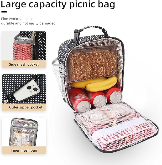 Lovoeo Lunch box Lunch bag for men women Insulated Lunchbox Lunch bags for Work Picnic Travel (Black polka dot)