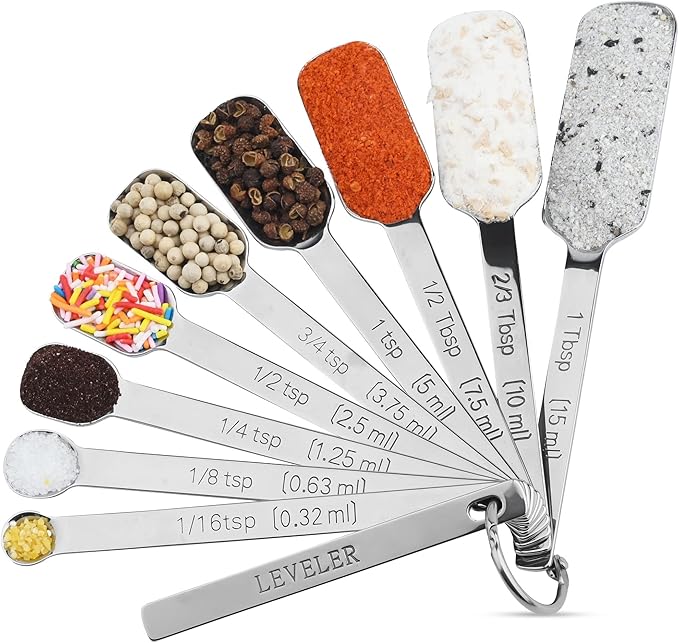 18/8 Stainless Steel Measuring Spoons Set 10, Metric & US Long Handle Measure Spoon for Kitchen & Baking, Metal Measuring Spoons Set with 1/16Tsp & 2/3Tbsp for Spice Jar