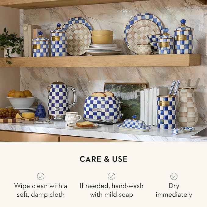 MACKENZIE-CHILDS Small Enamel Canister, Kitchen Storage Container for Flour and Sugar, 1.13 Liters, Blue-and-White Royal Check