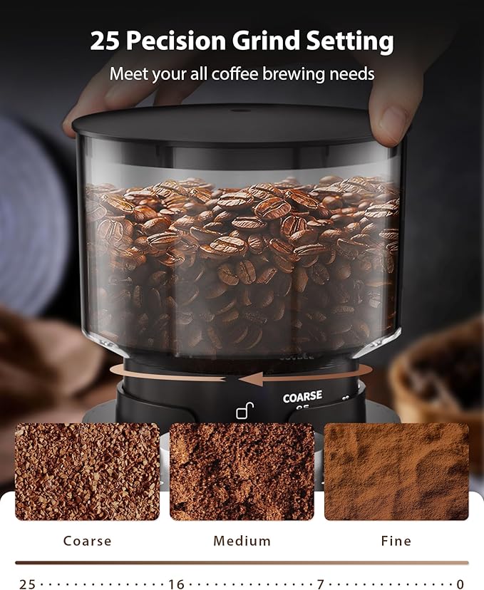 Aromaster Conical Burr Coffee Grinder with 25 Grind Settings,Adjustable 2-12 Cups Timer,Coffee Bean Grinder,3-Ear Portafilter Holder, Anti-static Design,Cleaning Brush Included,Black