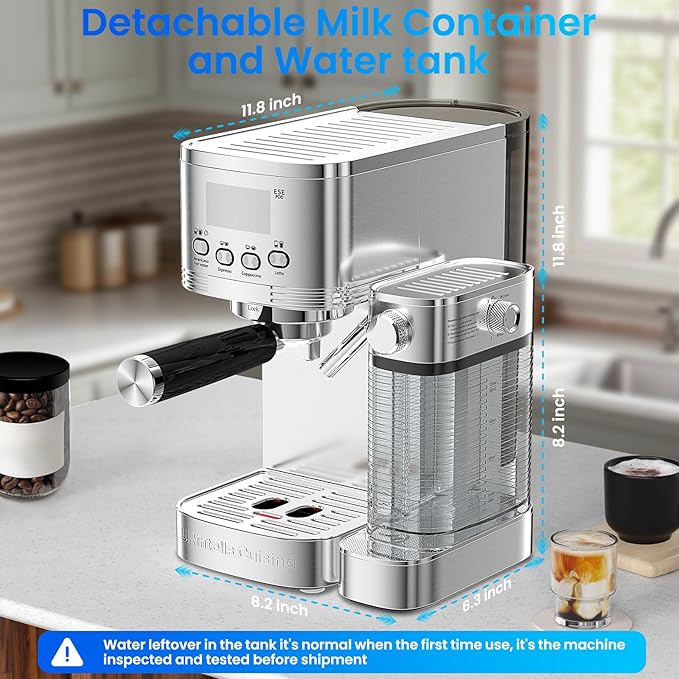 Espresso Machine 20 Bar Temperature Time LED Display Espresso Maker with Stepless Adjustable Automatic Milk Frother for Cappuccino Latte Americano Stainless Steel Coffee Machine with ESE Pod Filter