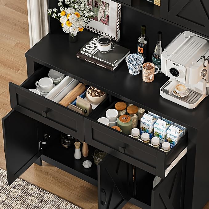 67.7 Inch Farmhouse Pantry Storage Cabinet with Sliding Barn Doors, 2 Drawer Farmhouse Coffee Cabinet with Adjustable Shelf, Side Board with Buffet Cupboard for Livingroom Kitchen, Black