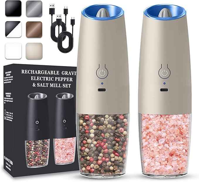 Rechargeable Electric Salt and Pepper Grinder set of 2, gravity electric salt and pepper grinder set, Adjustable Roughness, LED Light, 2 Pack, (Khaki)