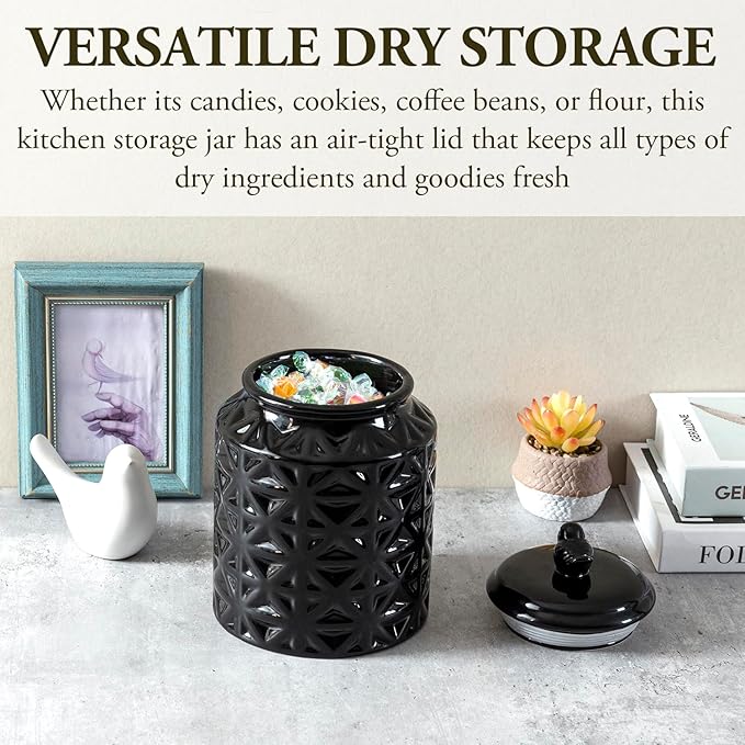 MyGift 6 Inch Round Black Ceramic Cookie Jar with Airtight Lid and Bird Shape Top Handle, Vintage Style Kitchen Canister with Embossed Geometric Star Pattern